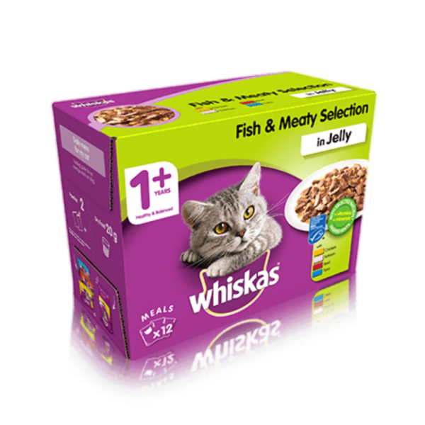 Whiskas Adult Wet Cat Food Pouches Fish & Meaty Selection in Jelly 100g x 48 Pouches